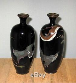 UNIQUE Meiji Japanese Cloisonne Pair Vases with Swirling Dragons and Birds of Prey