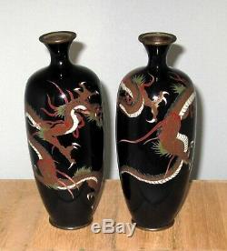 UNIQUE Meiji Japanese Cloisonne Pair Vases with Swirling Dragons and Birds of Prey