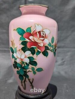 Unique Pink Japanese Sato Cloisonne Enamel Vase With Roses Showa Era Marked