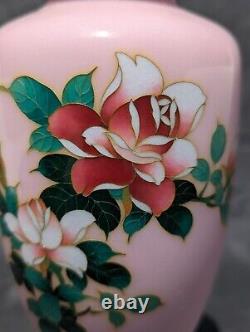 Unique Pink Japanese Sato Cloisonne Enamel Vase With Roses Showa Era Marked