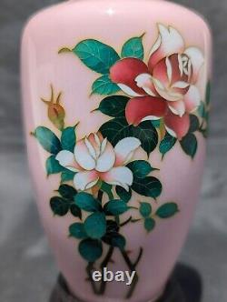 Unique Pink Japanese Sato Cloisonne Enamel Vase With Roses Showa Era Marked