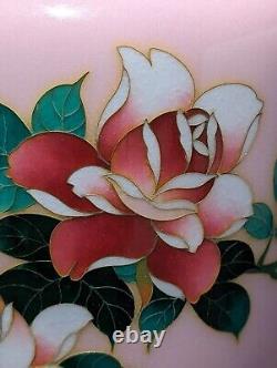 Unique Pink Japanese Sato Cloisonne Enamel Vase With Roses Showa Era Marked