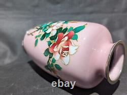 Unique Pink Japanese Sato Cloisonne Enamel Vase With Roses Showa Era Marked