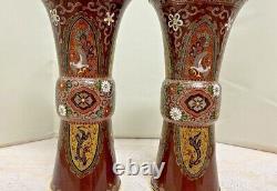Unique & Rare Style Antique Mirrored Pair Of Japanese Meiji Cloisonne Vases