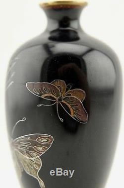 Unsigned Hayashi Meiji Japanese cloisonne enamel silver-wire Butterfly vase