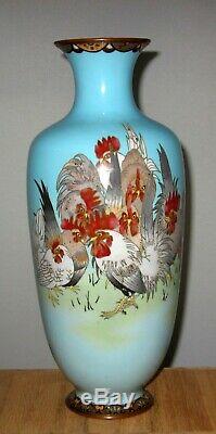 Unusual Antique Large Meiji Period Japanese Cloisonne Enamel Vase-Rooster/Hens