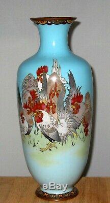 Unusual Antique Large Meiji Period Japanese Cloisonne Enamel Vase-Rooster/Hens