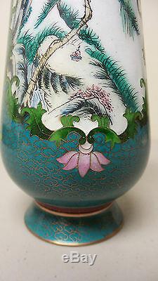 Unusual Japanese Cloisonne Enamel 8.5 Vase, Turquoise, Figural Scene