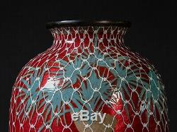 Unusual Japanese Meiji Deep Red Cloisonne Vase w Chickens, Flowers & Palm Trees