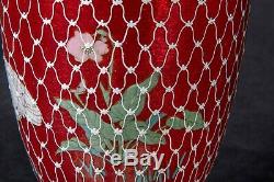 Unusual Japanese Meiji Deep Red Cloisonne Vase w Chickens, Flowers & Palm Trees