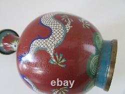 VTG Asian Chinoiserie Red Double Dragon Cloisonné Vase 9.5