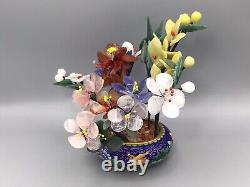 VTG Japanese jade semi precious stone flowers bonsai ANDO shippo Cloisonné pot