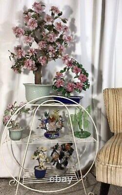 VTG Japanese jade semi precious stone flowers bonsai ANDO shippo Cloisonné pot