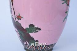 Vase cloisonné Japon bronze Antique Meiji Japanese enamel pink vase bird