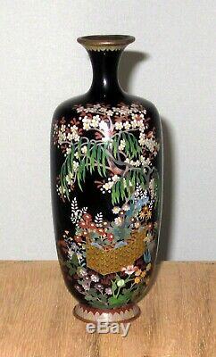 Very Fine Japanese Cloisonne Silver Wire Enamel Vase with Garden Scene