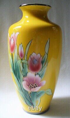 Vint10BRIGHT YELLOWPink TulipsCLOISONNEMetalENAMELFlower VaseJAPANEC