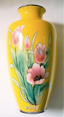 Vint10BRIGHT YELLOWPink TulipsCLOISONNEMetalENAMELFlower VaseJAPANEC