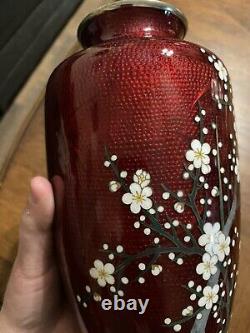 Vintage 50's Japanese Blood red Blossoms Sato Cloisonne Vase Tokyo & Insert