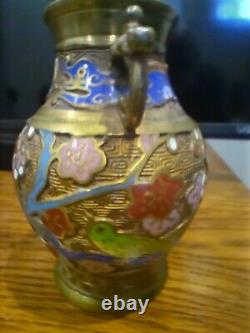 Vintage Asian Japanese Brass Cloisonné Enamel Urn Vase Handles 6 Made in Japan