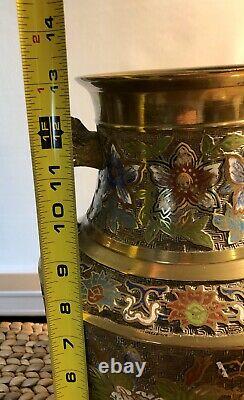 Vintage Brass Japanese Cloisonne Champleve Urn With Handles