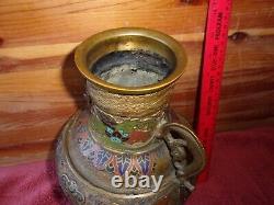 Vintage Champleve Enamel Cloisonné Brass Vase Urn Phoenix Pheasants Birds Japan