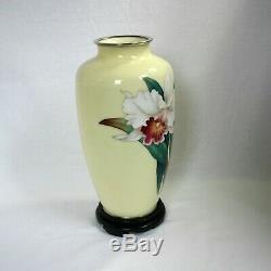 Vintage Cloisonne Pale yellow Vase wired Orchid design with a floor plate and Bo