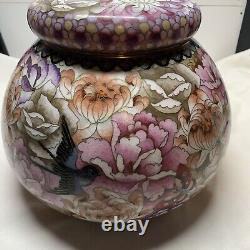 Vintage Floral Bird Butterfly Cloisonné Enamel Ginger Lidded Jar Vase Urn