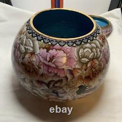 Vintage Floral Bird Butterfly Cloisonné Enamel Ginger Lidded Jar Vase Urn