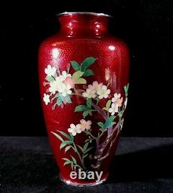 Vintage Japan Pigeon Blood Ginbari Cloisonné 7 Enamel Vase Dogwood Motif NrMINT