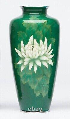 Vintage Japanese Ando Style Cloisonné Green Ground Floral Enamel Silver Vase