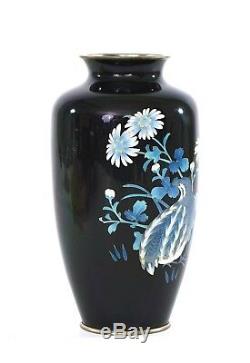 Vintage Japanese Black Cloisonne Enamel Shippo Vase with Quail Bird Flowers Mk
