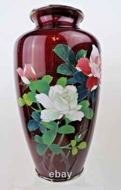 Vintage Japanese Cloisonne Enamel ROSES Red Ox Blood Foil Ginbari Vase 7.5