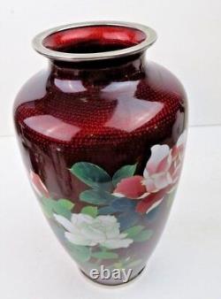 Vintage Japanese Cloisonne Enamel ROSES Red Ox Blood Foil Ginbari Vase 7.5