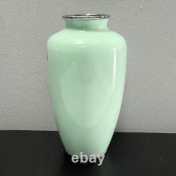 Vintage Japanese Cloisonne Enamel Vase Pale Celadon Blue-Green Orchid 9.5