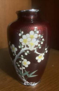 Vintage Japanese Cloisonne Pigeon Blood Red Vase Enameled With Cherry Blossoms