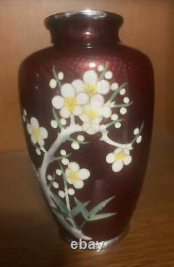 Vintage Japanese Cloisonne Pigeon Blood Red Vase Enameled With Cherry Blossoms