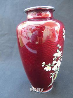 Vintage Japanese Cloisonne Pigeon Red Vase Bird on Cherry Blossom Flowers 7 1/4