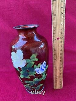 Vintage Japanese Cloisonne Pigeon Red Vase with Flowers 7.25