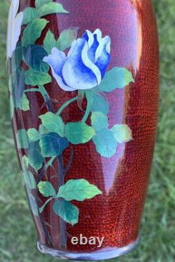 Vintage Japanese Cloisonne Pigeon Red Vase with Flowers 7.25