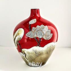 Vintage Japanese Cloisonne Red Gold Silver Enamel Lotus Vase 12