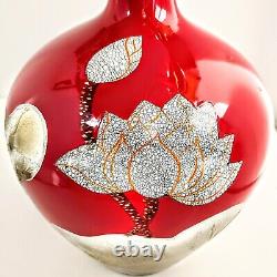 Vintage Japanese Cloisonne Red Gold Silver Enamel Lotus Vase 12