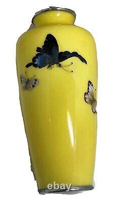 Vintage Japanese Cloisonne Vase by Ando Jubei Butterflies Yellow Signed Marked
