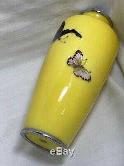 Vintage Japanese Cloisonne Vase by Ando Jubei Butterflies Yellow Signed Marked