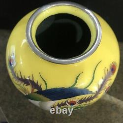 Vintage Japanese Cloisonné Yellow Enamel Flying Peacock Vase 6T