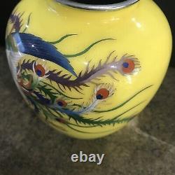 Vintage Japanese Cloisonné Yellow Enamel Flying Peacock Vase 6T
