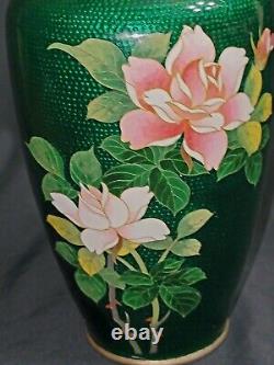 Vintage Japanese Emerald Green Ginbari Cloisonne Enamel Vase Pink Roses
