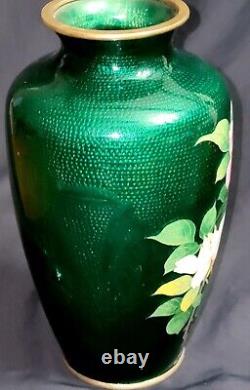 Vintage Japanese Emerald Green Ginbari Cloisonne Enamel Vase Pink Roses