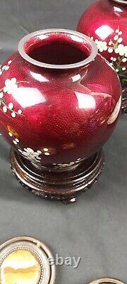 Vintage Japanese GINBARI RED Glass Enameled Cloisonne Lotus Flowers