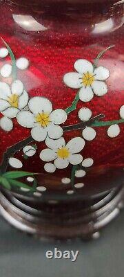 Vintage Japanese GINBARI RED Glass Enameled Cloisonne Lotus Flowers