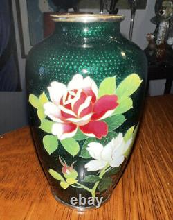Vintage Japanese Ginbari Cloisonne Enamel Vase, Emerald Green, Pink Roses